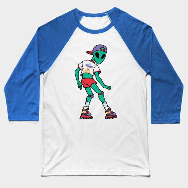 Unreals on Wheels - Little Green Man Baseball T-Shirt by Soft Biology